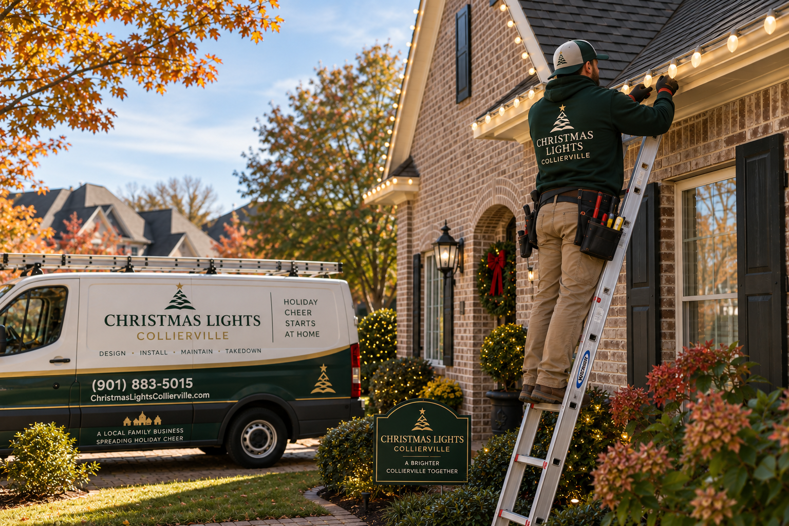 Professional installer hanging Christmas lights on a Collierville, TN home roofline in early fall