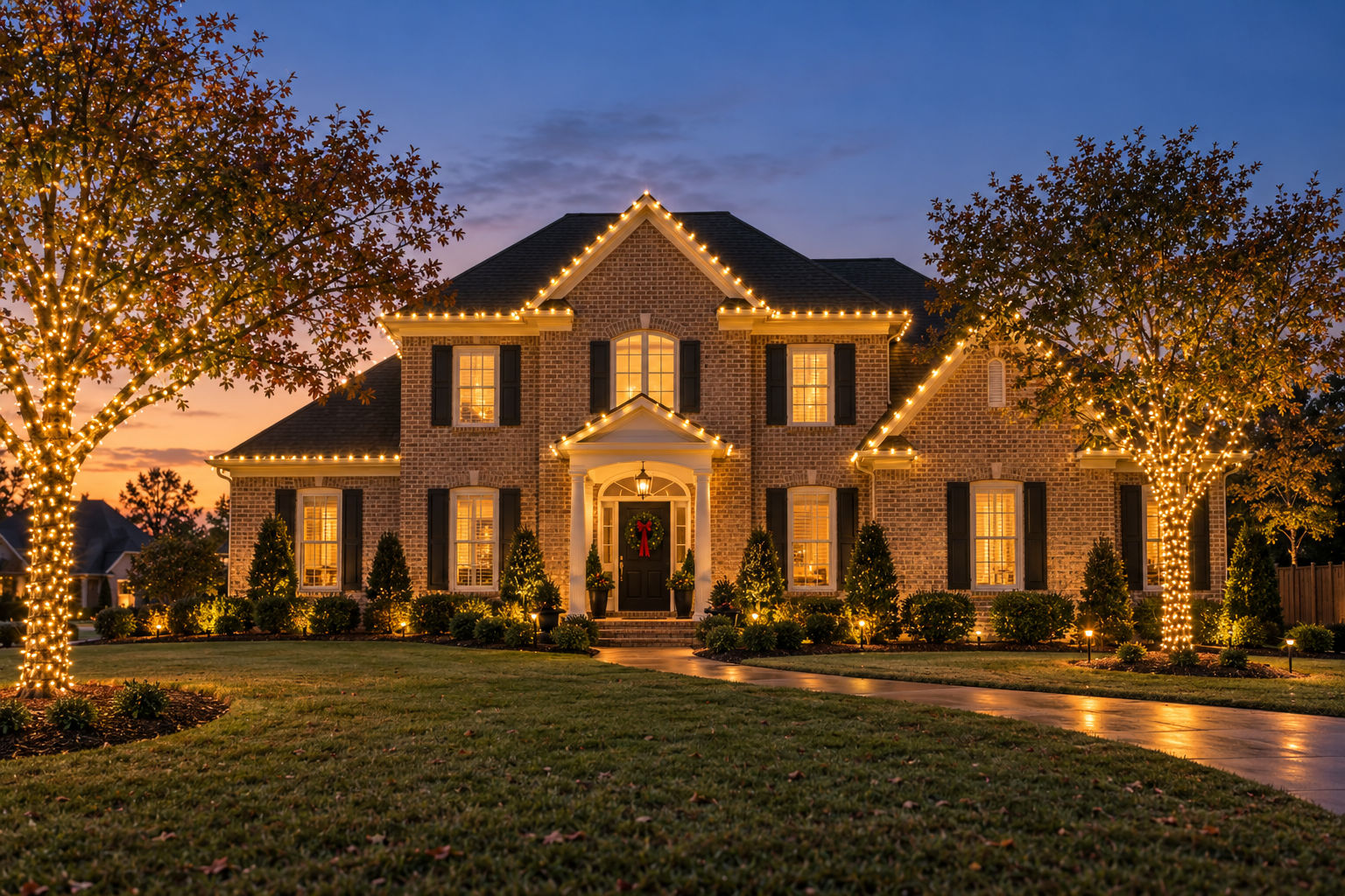 Collierville, TN home decorated with warm-white C9 roofline lighting and wrapped trees