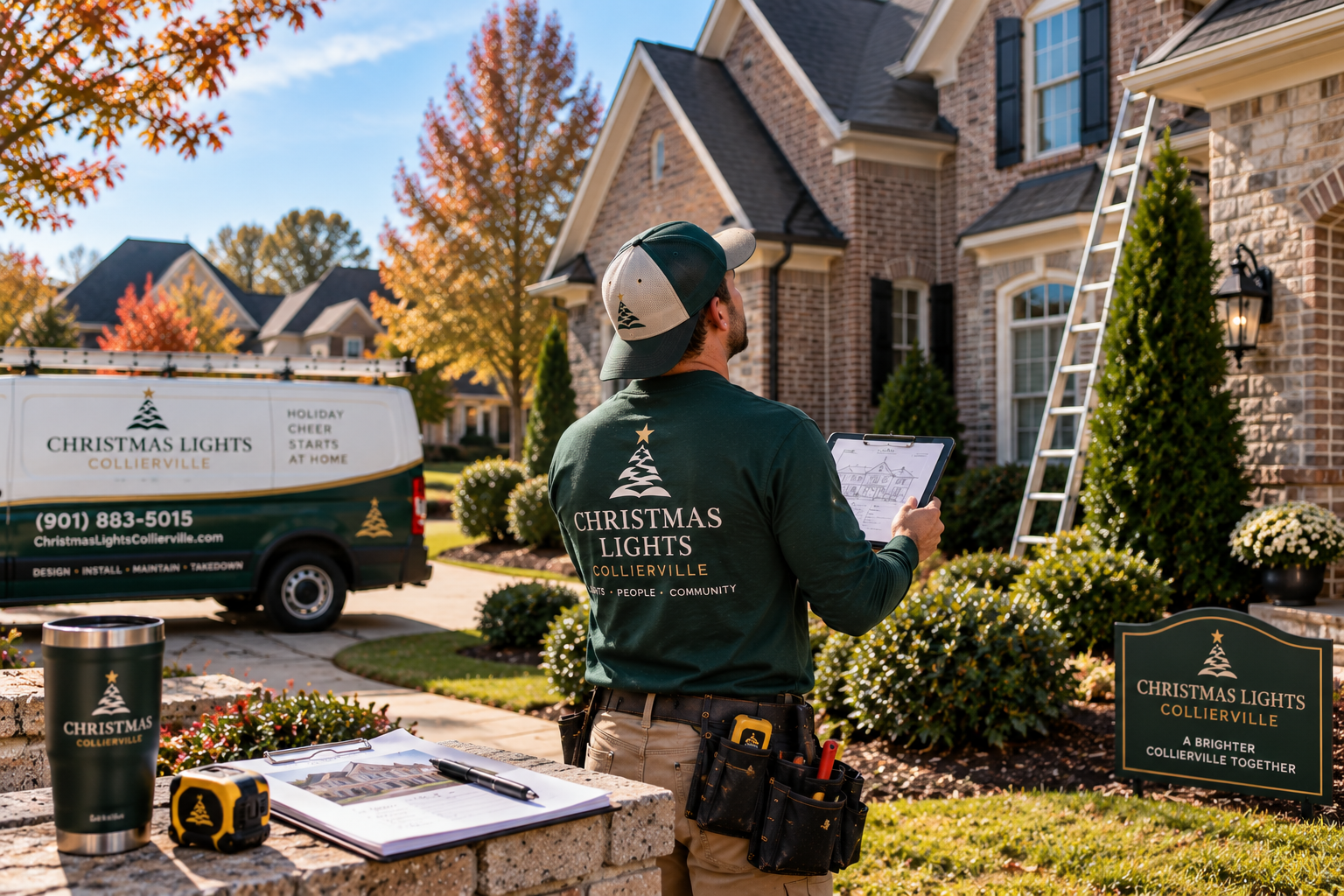 Installer measuring a Collierville, TN home's roofline to prepare a Christmas light installation quote