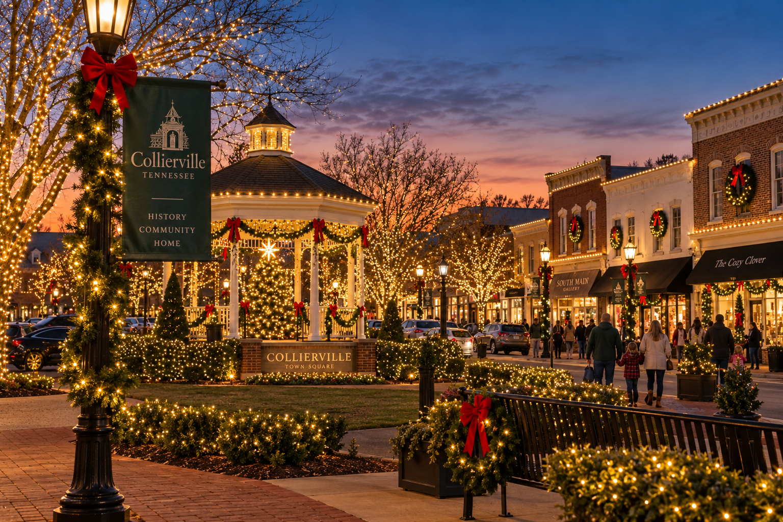 Collierville Town Square decorated with holiday lights for Christmas in Collierville
