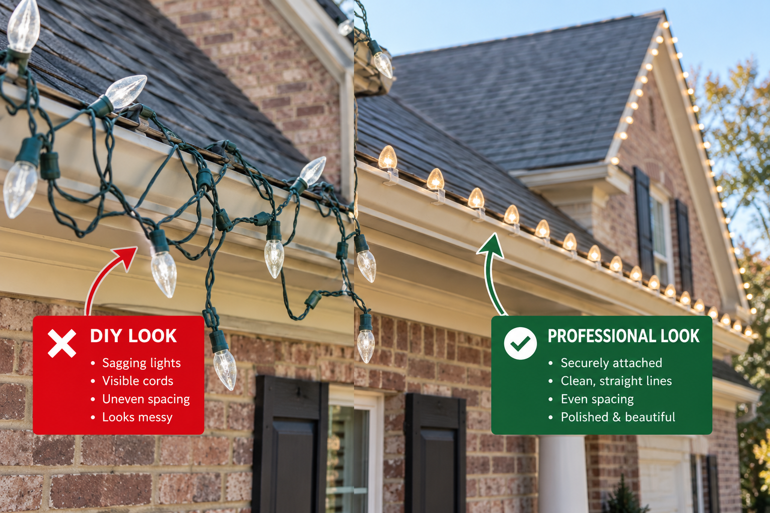 Loosely draped Christmas lights on a gutter, a common installation mistake on Collierville homes