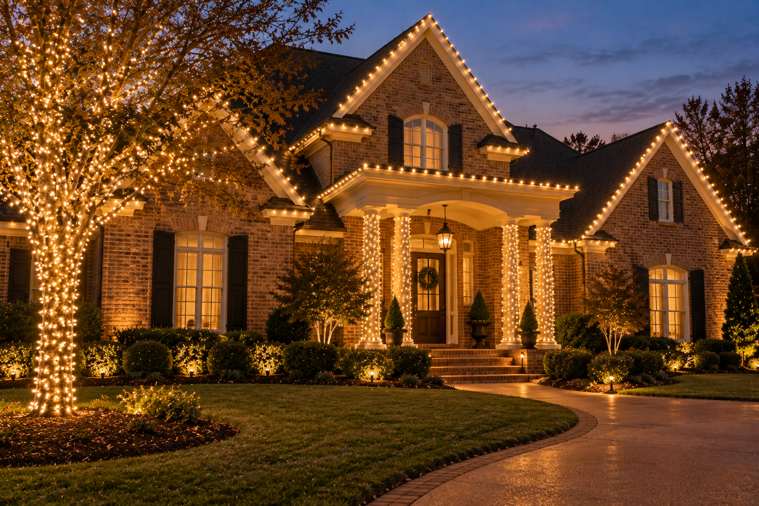 Collierville, TN home decorated entirely in elegant warm-white Christmas lighting