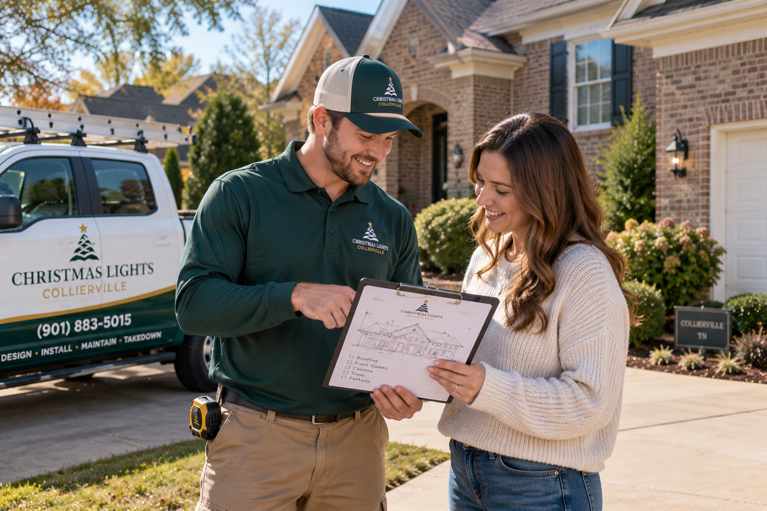 Homeowner discussing installation details with a Christmas light installer in Collierville, TN