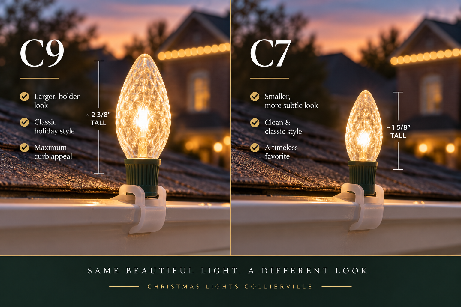 Side-by-side comparison of C7 and C9 Christmas light bulbs on a Collierville, TN roofline