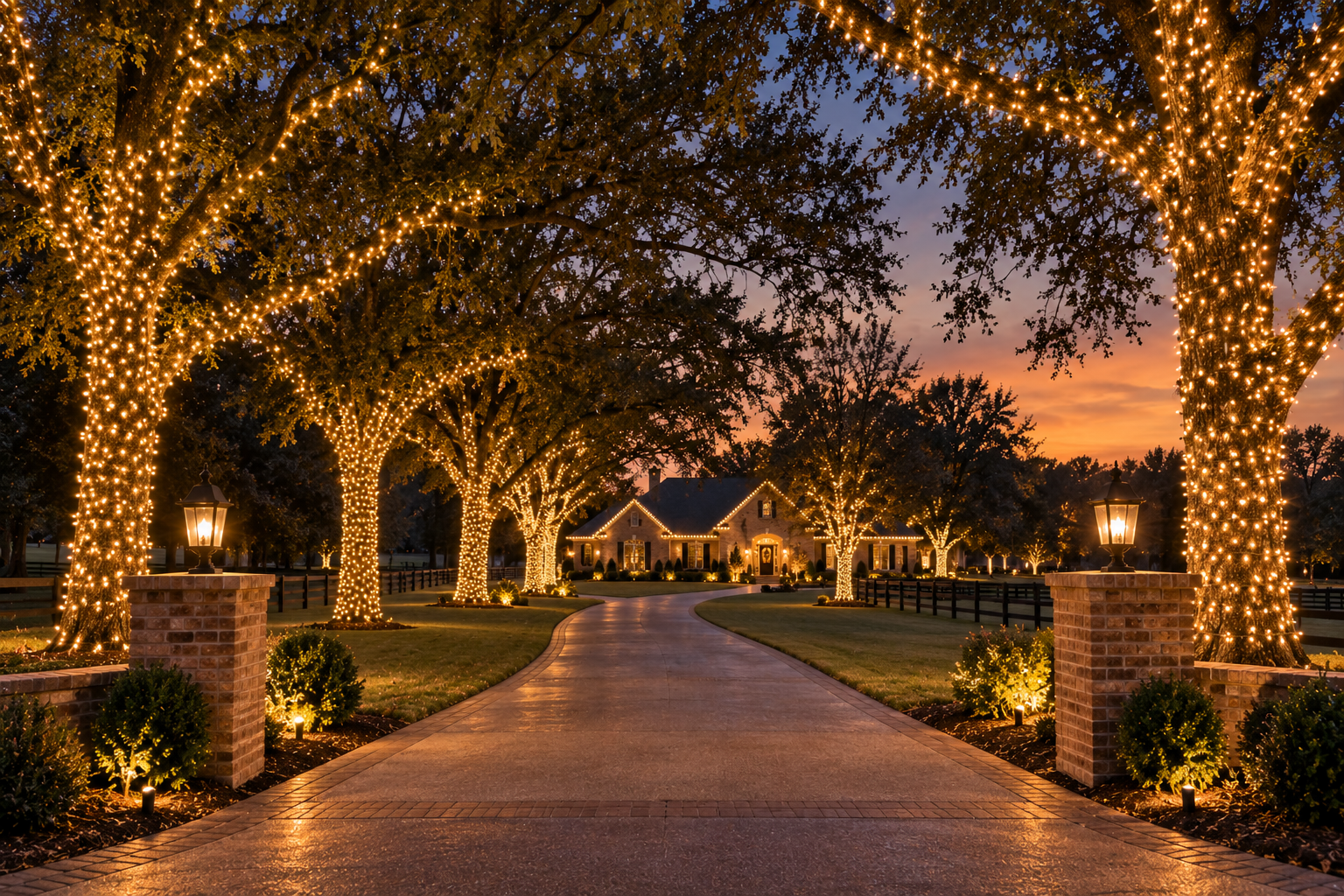 Long driveway lined with wrapped mature trees leading to a lit home on a large Collierville, TN lot