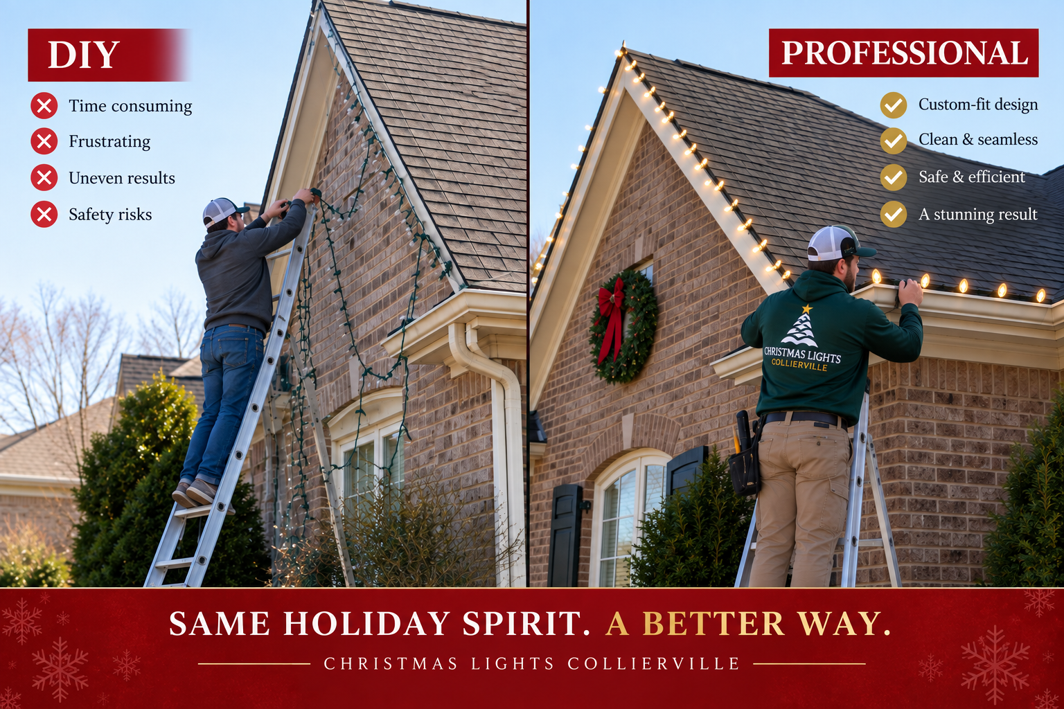 DIY versus professional Christmas light installation comparison on a Collierville, TN home