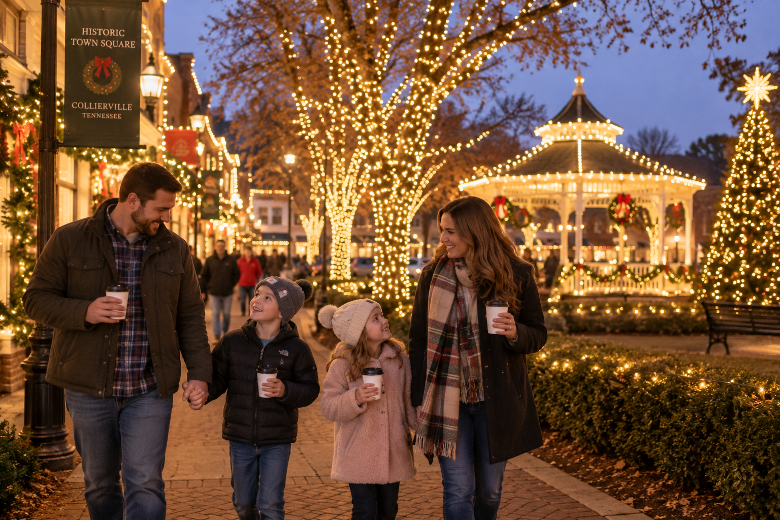 Family enjoying family Christmas activities in Collierville, TN at the decorated Town Square