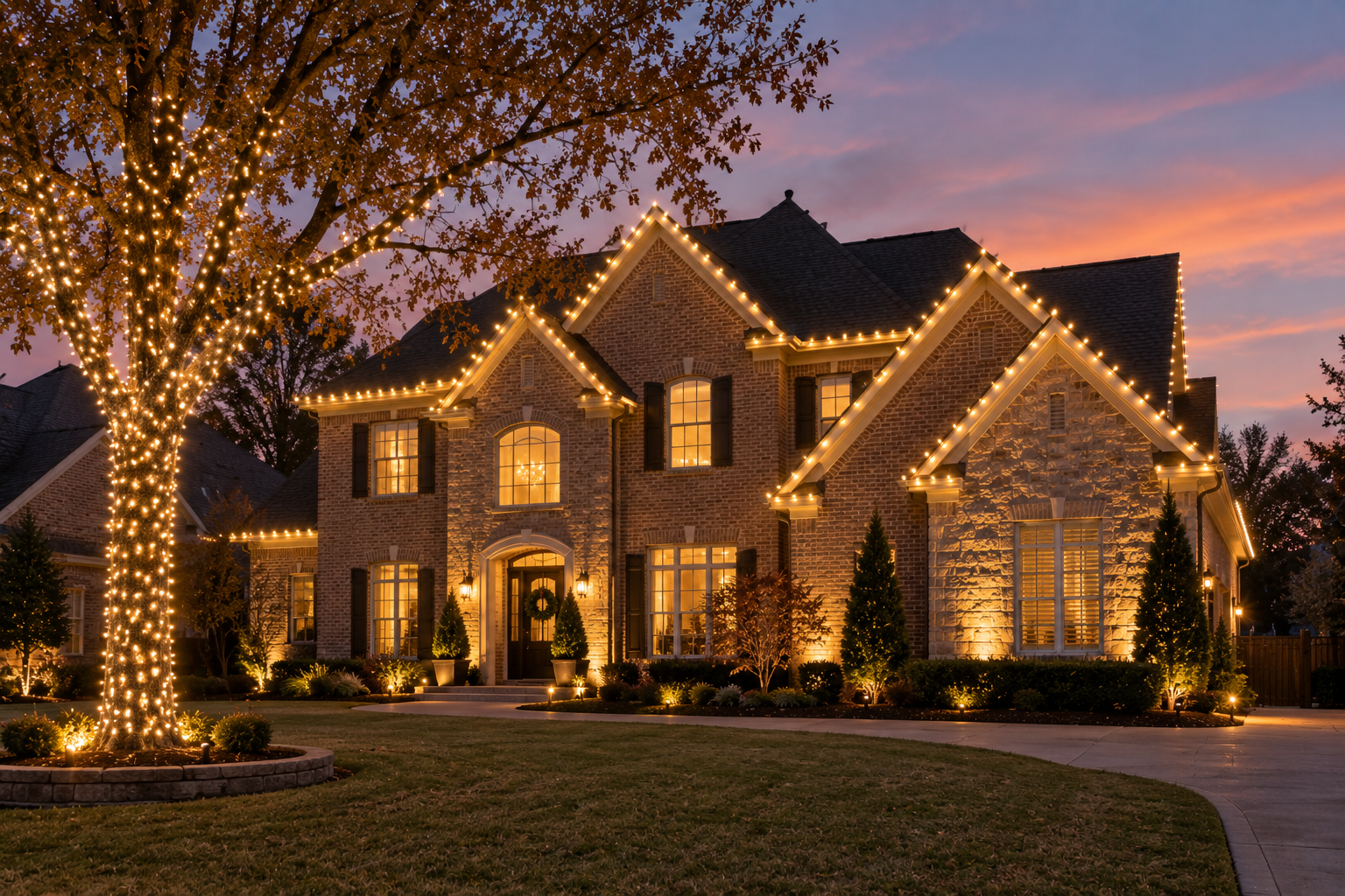 A 2026 Christmas lighting trend on display at a Collierville, TN home: warm-white roofline with a wrapped focal tree