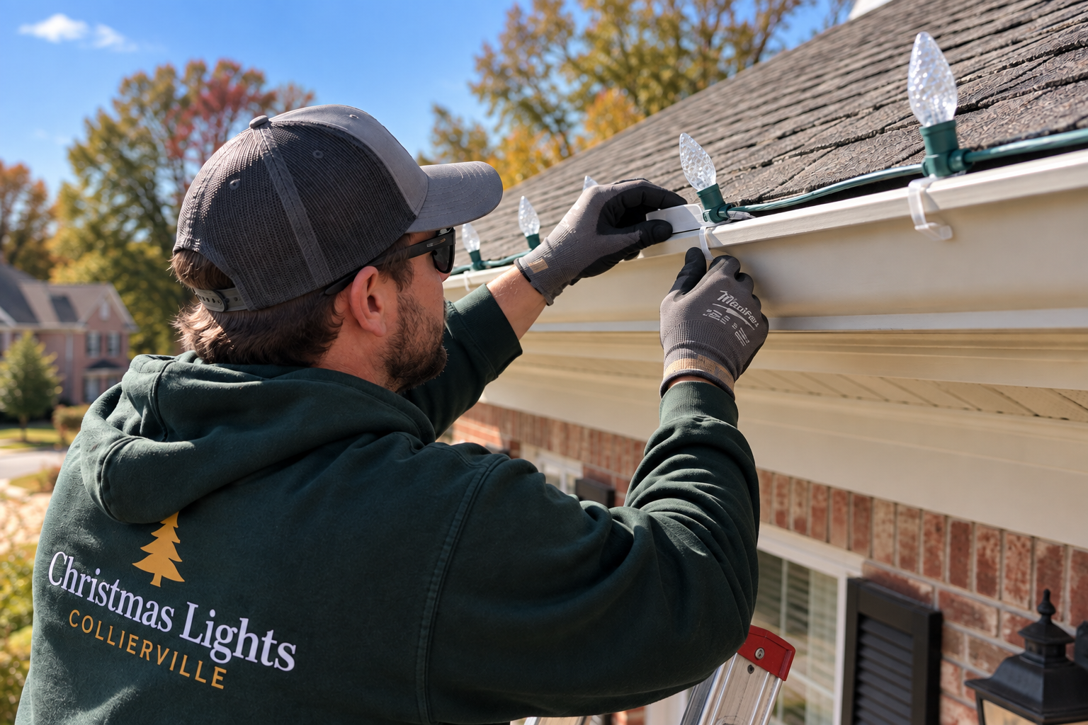 Installer securing custom-fit C9 LED lighting during professional light installation in Collierville, TN
