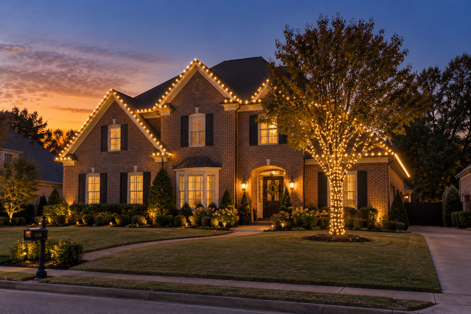 Home in the Estanaula Trails area of Collierville, TN decorated with warm-white C9 roofline lighting
